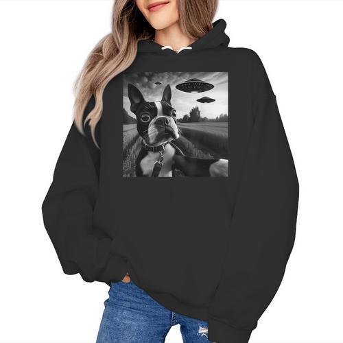Boston Terrier Graphic Selfie With UFOs Weird Aliens Women's Hoodie - Bostonterriersmerch.com