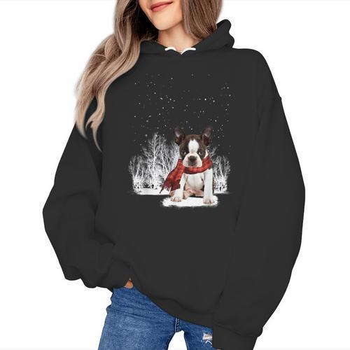 Boston Terrier In The Snow Merry Christmas Winter Women's Hoodie - Bostonterriersmerch.com