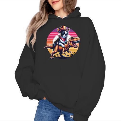 Boston Terrier Wearing A Cowboy Hat On T-Rex Women's Hoodie - Bostonterriersmerch.com
