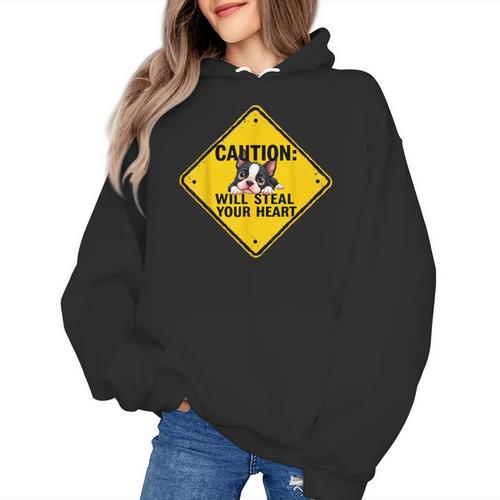 Caution Sign Boston Terrier Dog Bostie Puppy Women's Hoodie - Bostonterriersmerch.com