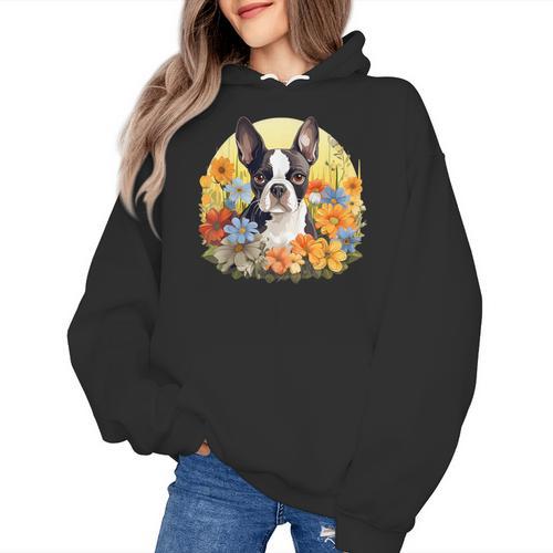 Cute Boston Terrier Spring Flower Garden Colorful Puppy Dog Women's Hoodie - Bostonterriersmerch.com