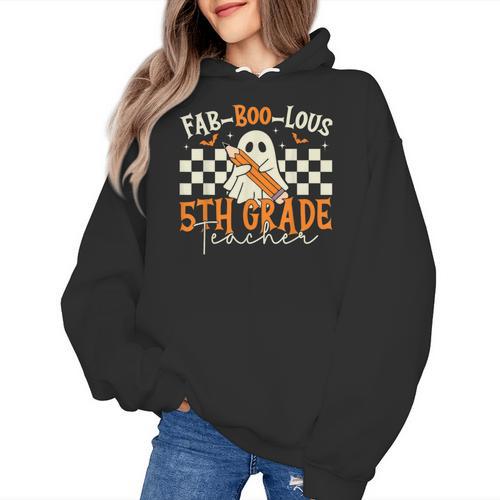 Fab Boo Lous 5th Grade Teacher Retro Ghost Spooky Halloween Women's Hoodie - teacherstshirts.com DE