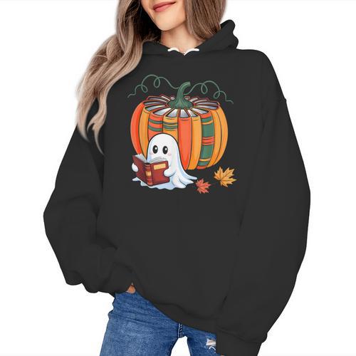 Fall Book Pumpkin Ghost Reading Books Halloween Teacher Women's Hoodie - teacherstshirts.com CA