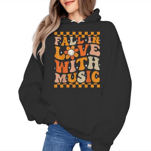 Fall In Love With Music Groovy Thanksgiving Music Teacher Men Women Girls Kids Women's Hoodie - teacherstshirts.com