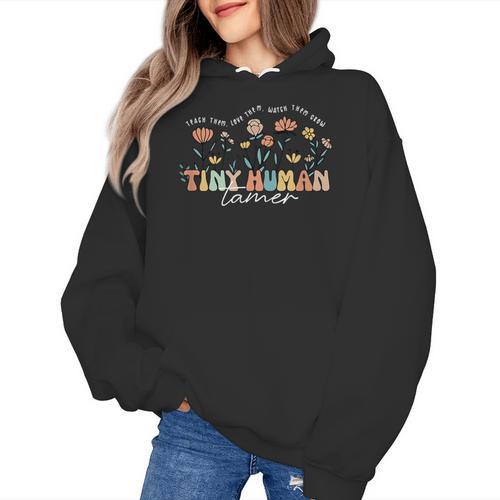 Groovy Tiny Human Tamer Floral Kindergarten Teacher Women's Hoodie - teacherstshirts.com AU