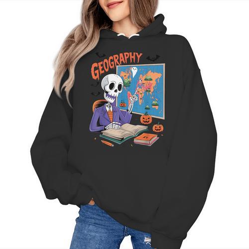 Halloween Skeleton Geography Teacher Pumpkin Bats Classroom Women's Hoodie - teacherstshirts.com