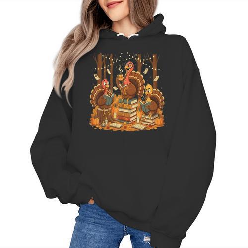Librarian Turkey Reading Book Fall Thanksgiving Teacher Women's Hoodie - teacherstshirts.com CA