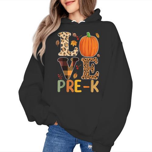 Love Pre-k Teacher Shirts Autumn Fall Pumpkin Fall Leopard Women's Hoodie - teacherstshirts.com CA
