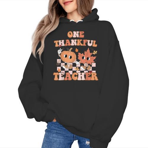 One Thankful Teacher Fall Leaves Thanksgiving Retro Women's Hoodie - teacherstshirts.com AU