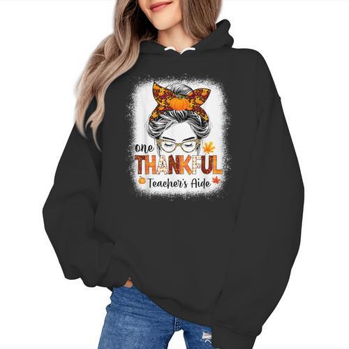 One Thankful Teacher's Aide Messy Bun Thanksgiving Fall Women's Hoodie - teacherstshirts.com UK