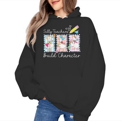 Preppy Silly Teacher Goose Build Character Back To School Women's Hoodie - teacherstshirts.com AU