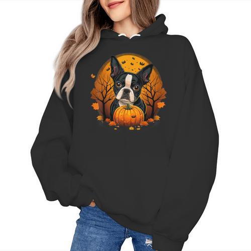 Pumpkin Boston Terrier Costume On Boston Terrier Halloween Women's Hoodie - Bostonterriersmerch.com