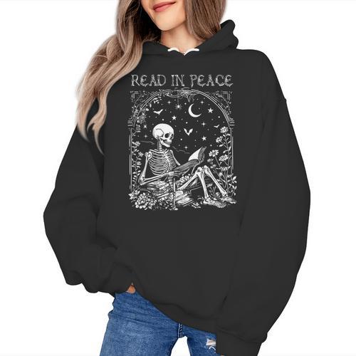 Read In Peace Skeleton Reading Teacher Spooky Halloween Women's Hoodie - teacherstshirts.com