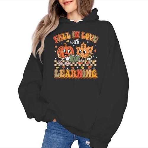 Retro Fall In Love With Learning Autumn Pumpkin Teachers Women's Hoodie - teacherstshirts.com DE