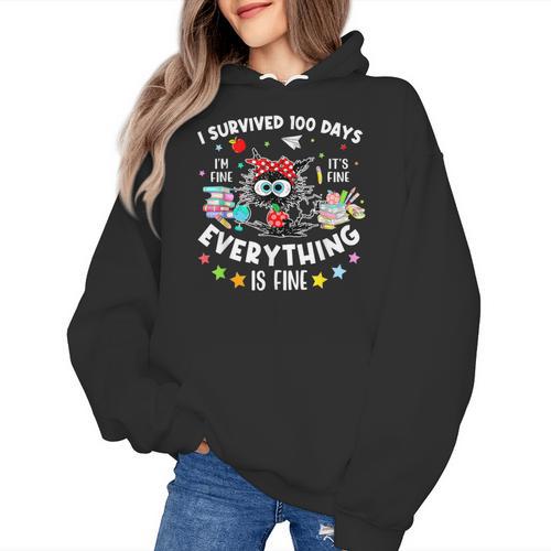 I Survived 100 Days Of School Teacher Kids Cat Lover Women's Hoodie - teacherstshirts.com UK