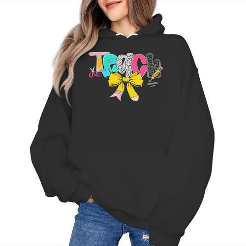 Teach Coquette Bow Teacher Back To School Happy First Day Women's Hoodie - teacherstshirts.com AU