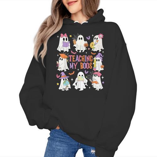 Teaching My Boos Teacher Cute Ghost Groovy Teacher Halloween Women's Hoodie - teacherstshirts.com UK