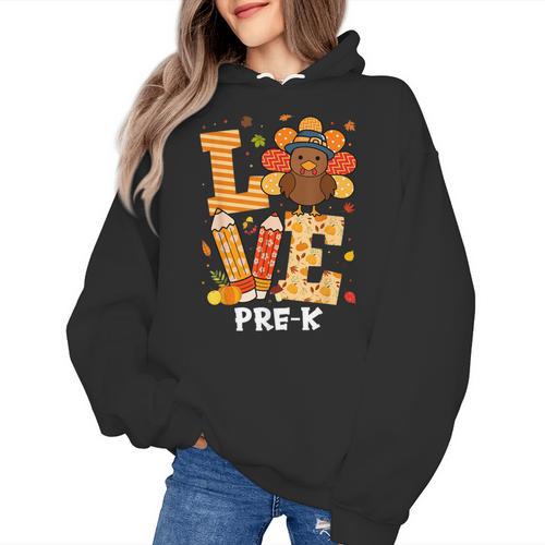 Thanksgiving Love Pre-K Teacher Turkey Autumn Fall For Men Women Girls Kids Women's Hoodie - teacherstshirts.com AU