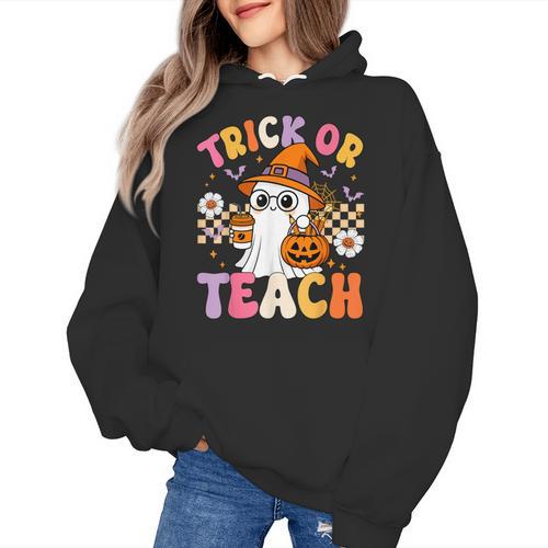 Trick Or Teach Cute Ghost Coffee Pumpkins Halloween Teacher Women's Hoodie - teacherstshirts.com DE