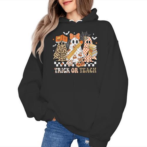 Trick Or Teach Groovy Teacher Halloween Floral Ghost Women's Hoodie - teacherstshirts.com