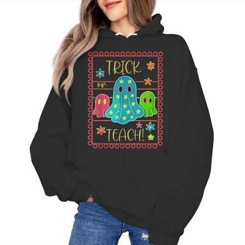 Trick Or Teach Neon Ghost Flower Teacher Spooky Halloween Women's Hoodie - teacherstshirts.com