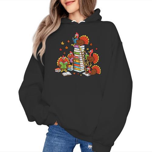 Turkey Reading Books Fall Thanksgiving Teacher Librarian Women's Hoodie - teacherstshirts.com