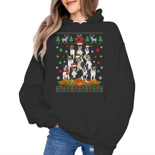 Ugly Sweater Christmas Tree Boston Terrier Dog Xmas Pajama Women's Hoodie - Bostonterriersmerch.com