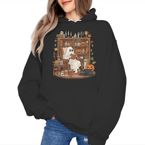 Vintage Ghost Book Reading Pumpkin Gothic Halloween Teachers Women's Hoodie - teacherstshirts.com CA