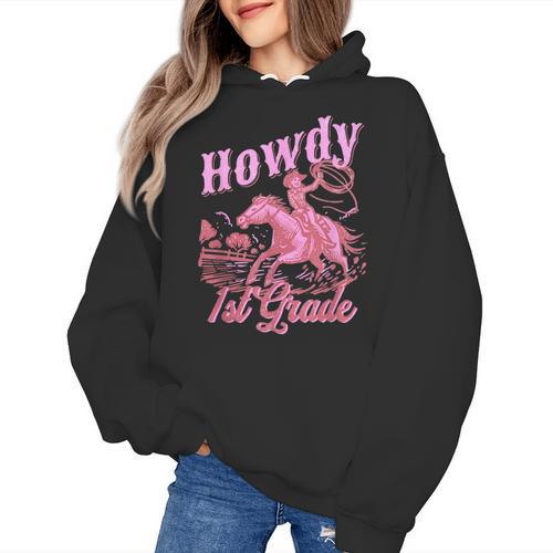 Vintage Howdy First Grade Cowgirl Teacher Western School Women's Hoodie - teacherstshirts.com AU