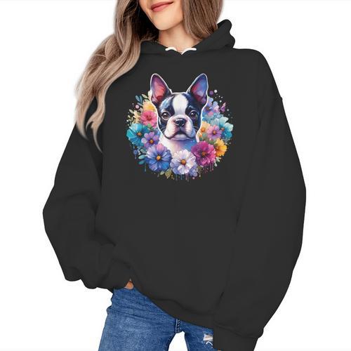 Watercolor Floral Boston Terrier Mama Dog Lover Mother's Day Women's Hoodie - Bostonterriersmerch.com