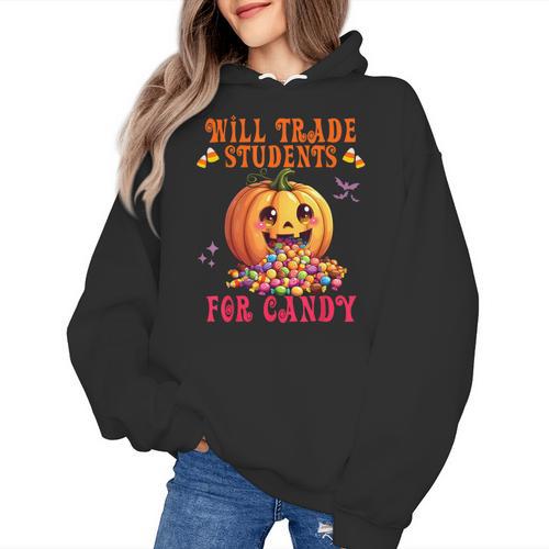 Will Trade Students For Candy Teacher Cute Halloween Pumpkin Women's Hoodie - teacherstshirts.com CA