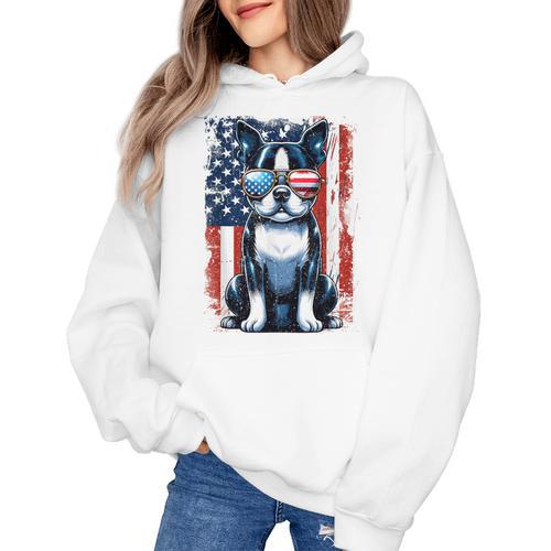 Boston Terrier Dog American USA US Flag Pets Vintage Outfit Women's Hoodie - Bostonterriersmerch.com