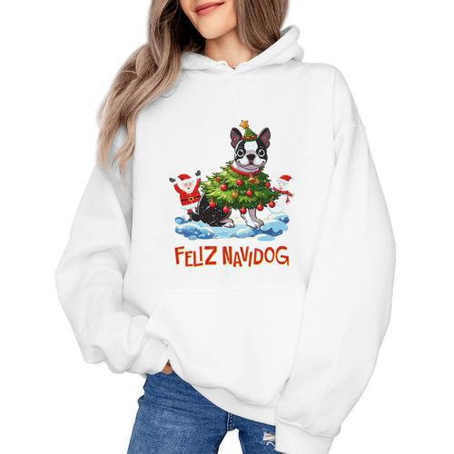 Boston Terrier Merry Christmas Tree Lights Dog X-Mas Dogs Women's Hoodie - Bostonterriersmerch.com CA