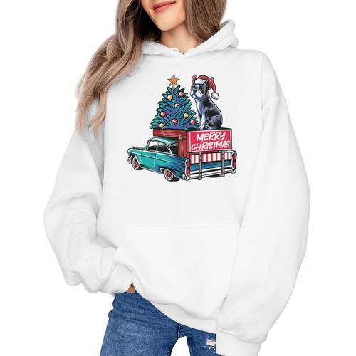 Boston Terrier Merry Christmas Tree Truck Santa Dog X-Mas Women's Hoodie - Bostonterriersmerch.com
