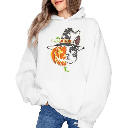 Boston Terrier Pumpkin Jack O Lantern Halloween Women's Hoodie - Bostonterriersmerch.com