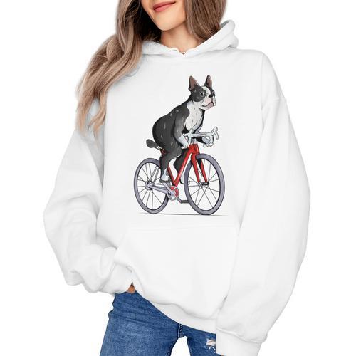 Boston Terrier Riding Bicycle Cute Bostie Biker Raglan Baseball Tee Women's Hoodie - Bostonterriersmerch.com