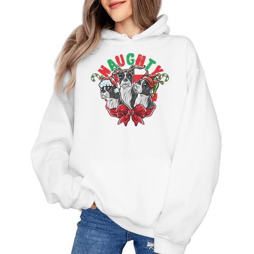Boston Terrier Santa Claus Elf Reindeer Christmas Dog X-Mas Women's Hoodie - Bostonterriersmerch.com