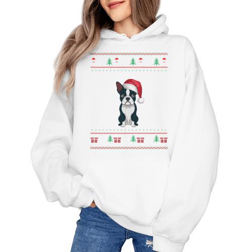 Boston Terrier Wearing Santa Hat Ugly Xmas Dog Lovers Women's Hoodie - Bostonterriersmerch.com