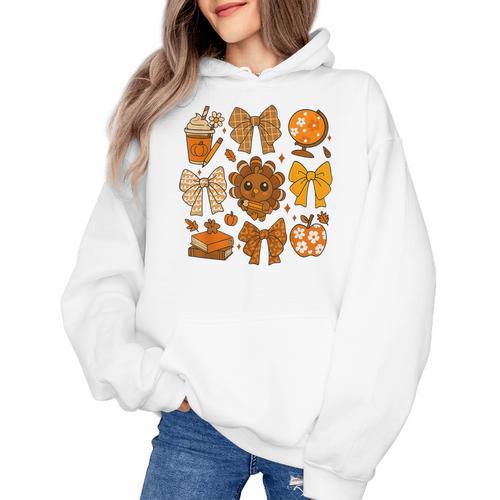 Coquette Teach Teacher Bows Thanksgiving Turkey Fall Autumn Women's Hoodie - teacherstshirts.com UK