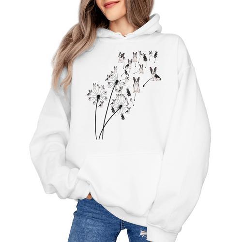 Dandelion Boston Terrier Flower Floral Bostie Tree Women's Hoodie - Bostonterriersmerch.com CA