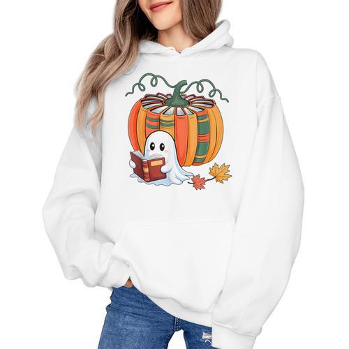 Fall Book Pumpkin Books Ghost Reading Halloween Teacher Women's Hoodie - teacherstshirts.com CA