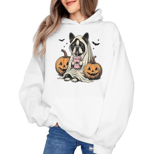 Halloween Boston Terrier Ghost Women's Hoodie - Bostonterriersmerch.com