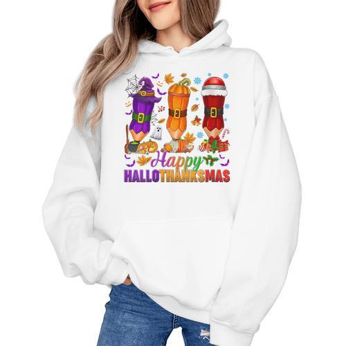 Happy Hallothanksmas Halloween Thanksgiving Pencils Teachers Women's Hoodie - teacherstshirts.com UK