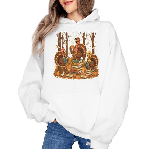 Librarian Turkey Reading Book Fall Thanksgiving Teacher Book Women's Hoodie - teacherstshirts.com CA
