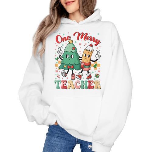 One Merry Teacher Groovy Christmas Tree Pjs Xmas Teacher Women's Hoodie - teacherstshirts.com UK