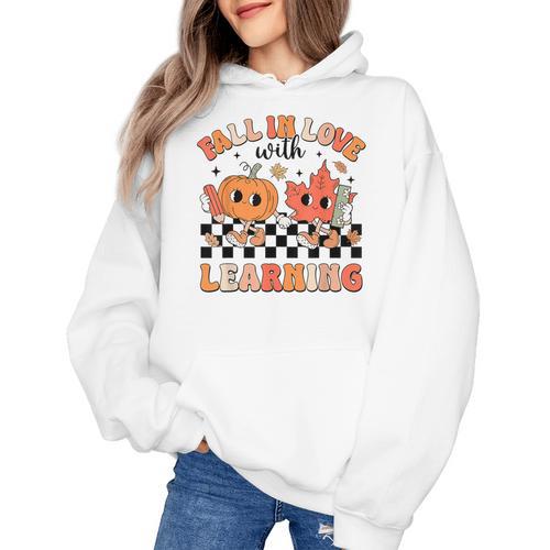 Retro Fall In Love With Learning Autumn Pumpkin Teacher Women's Hoodie - teacherstshirts.com AU