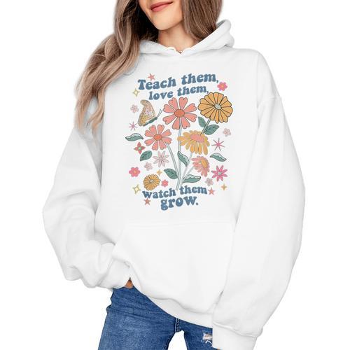 Teach Them Love Them Watch Them Grow Retro Teacher Floral Women's Hoodie - teacherstshirts.com CA