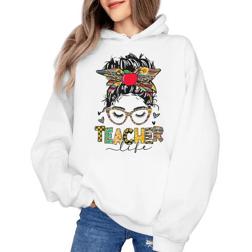 Teacher Life Messy Bun Glasses Leopard Sunflower Women's Hoodie - teacherstshirts.com UK