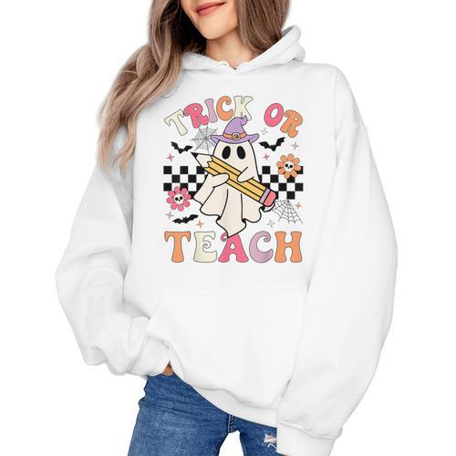 Trick Or Teach Groovy Teacher Halloween Retro Floral Ghost Women's Hoodie - teacherstshirts.com