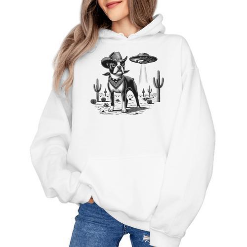 Vintage Boston Terrier UFO Western Wild West Dog Mom Dad Women's Hoodie - Bostonterriersmerch.com
